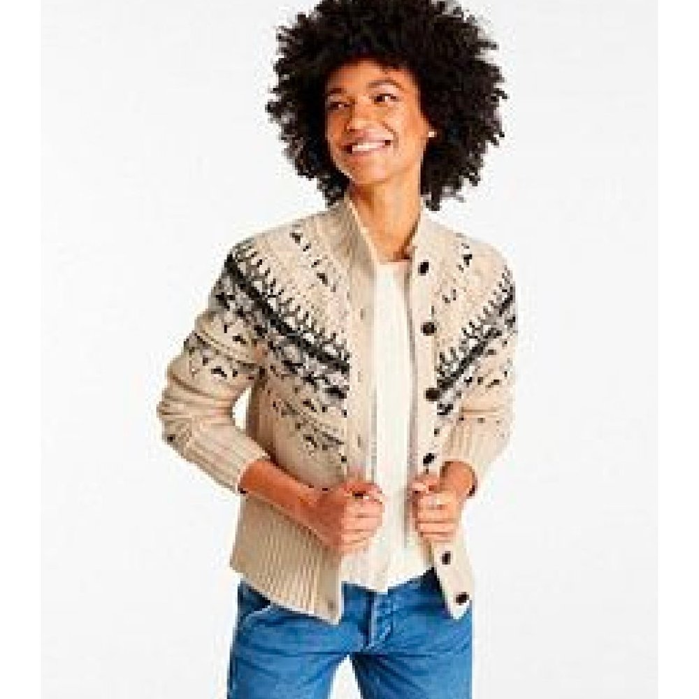 ISO LL Bean Women’s Signature Cotton Fisherman Sweater, Short Cardigan Fair Isle
